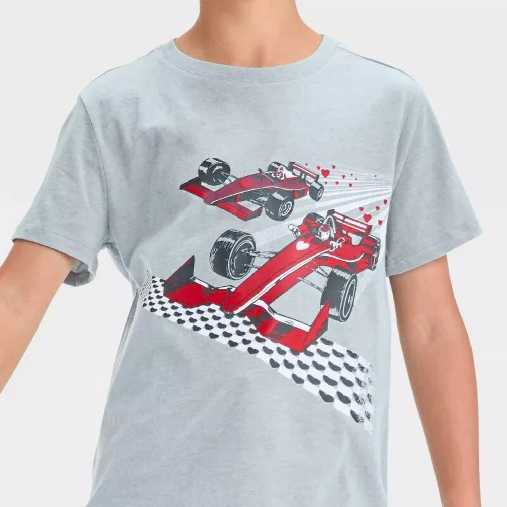 Boys XL Racing Car Graphic‎ Tee Red Hearts Print Short Sleeve Cotton Blend Shirt